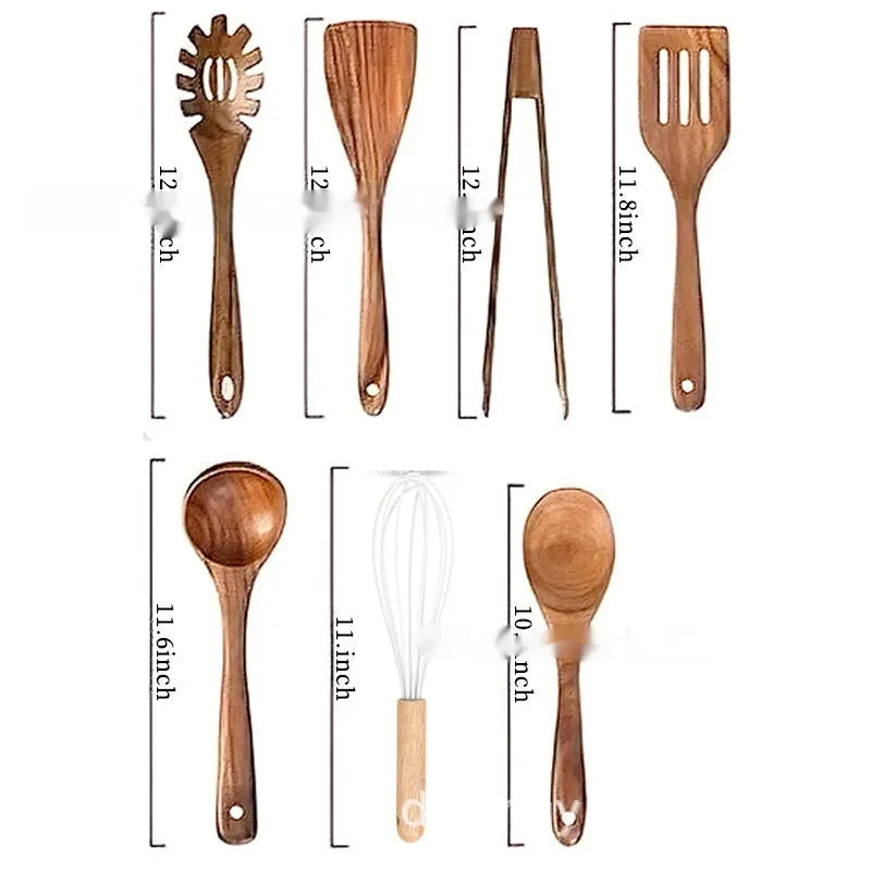 Natural beech wood 7-piece kitchen utensil set with spoons and spatulas