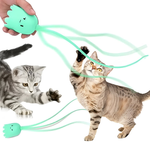 Automatic electronic cat wand toy with swinging silicone tail on a green background