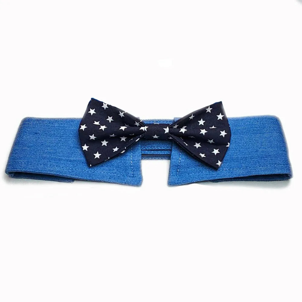 Adjustable denim dog collar with blue star pattern necktie fastened on a pet.