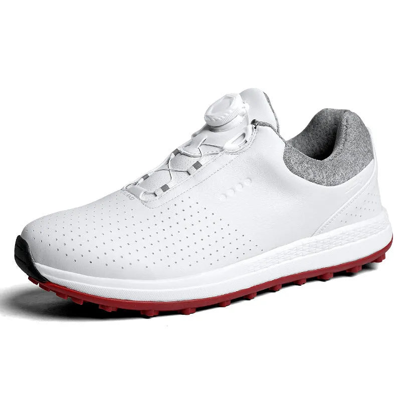 Golf fashion low top platform sneaker with embroidered line detail and non-slip rubber outsole, side view, in white colour option