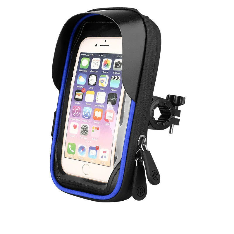 Black TPU mobile phone stand mounted on a bicycle handlebar, showing the waterproof zipper.
