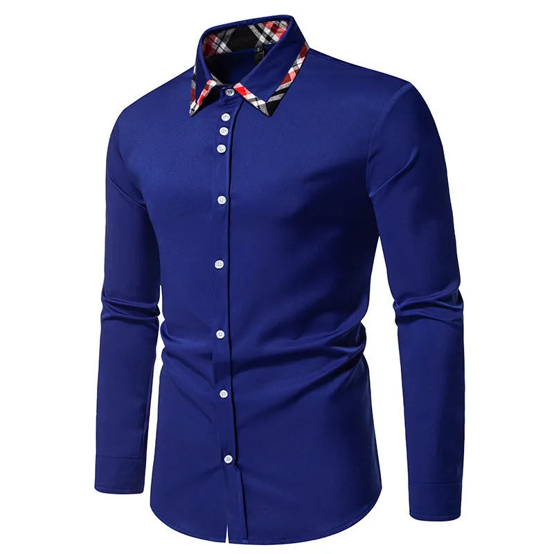 Men's casual blue plaid long sleeve shirt with a triangle collar, laid flat