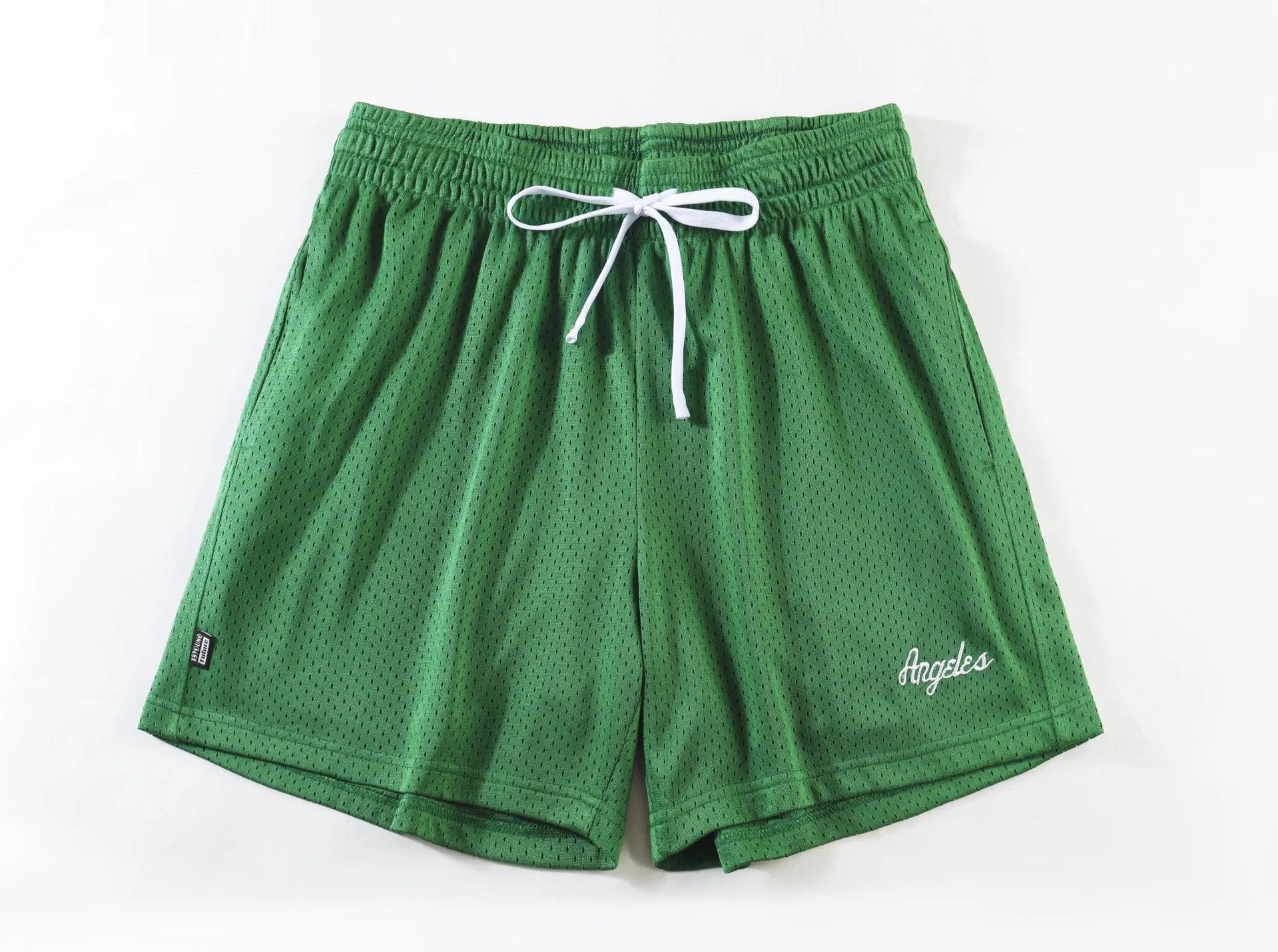 Men's personalised double-layer mesh sports shorts in multiple colours on a size chart.