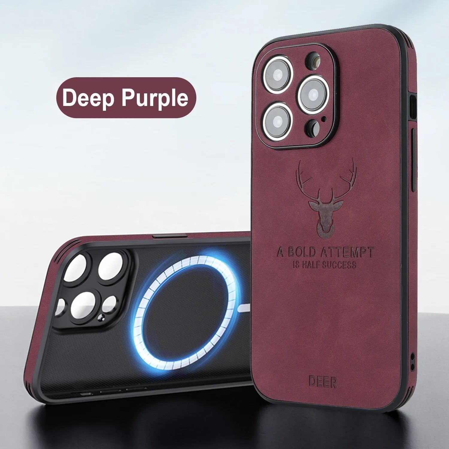 iPhone 16 magnetic charging case with 3D embossed moose head design in imitation leather
