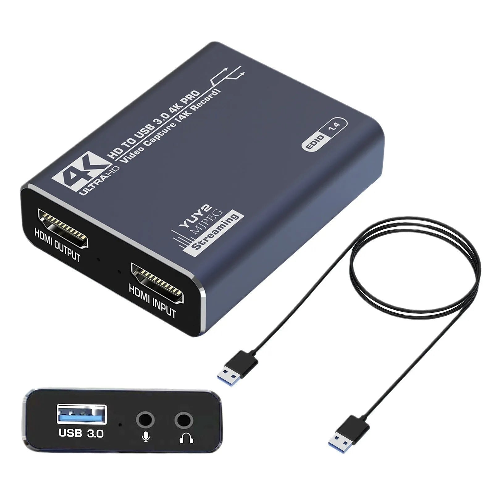 Black 4K gaming set-top box for USB audio recording with MS2131 chip and data cable.