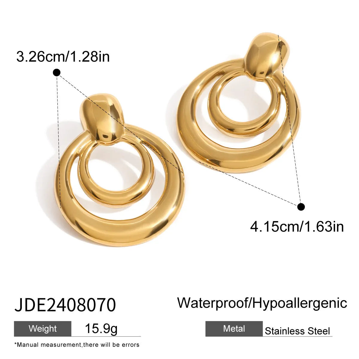 Round gold-coloured geometric hollow stud earrings on a white background.