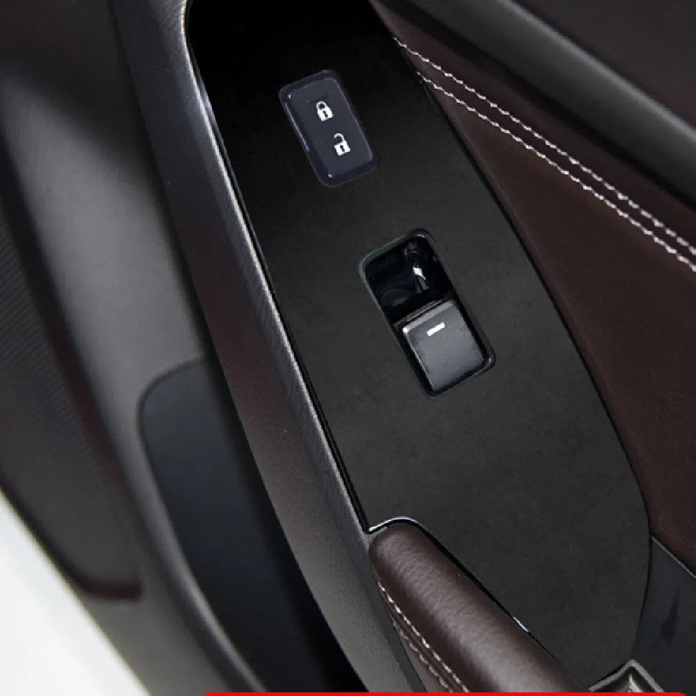 TPU protective film set for Ford Mustang door control panel switches in transparent, carbon fibre and matte black finishes