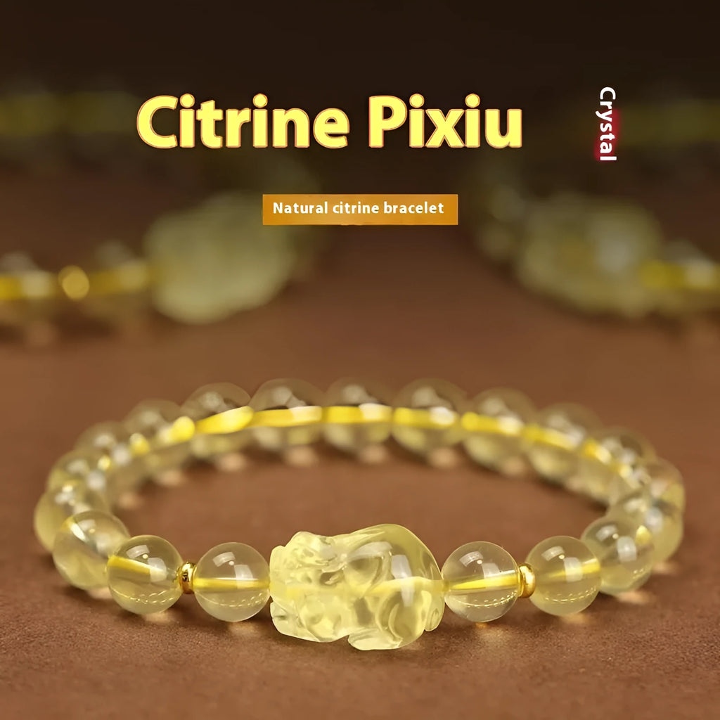 Yellow Pi Xiu bracelet with artificial crystal bead on leather cord, Chinese zodiac design