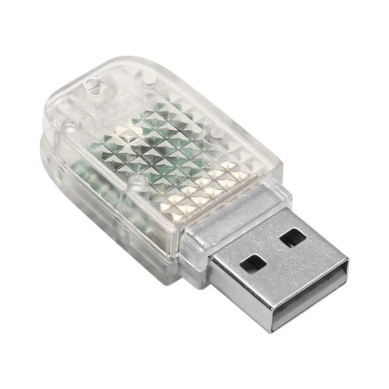 Multi-function USB car atmosphere light showing RGB and solid colour modes on a dashboard.