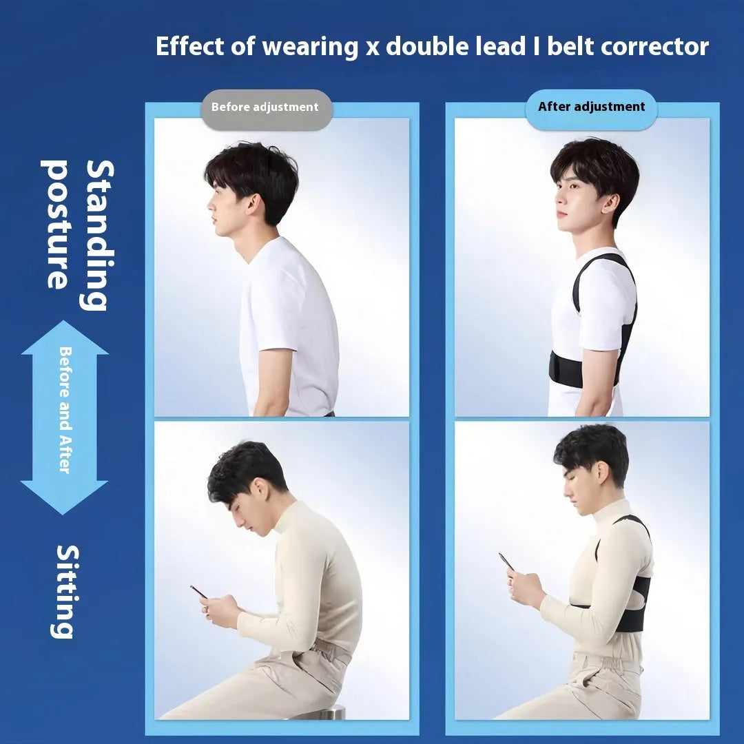 Men's black hunchback corrector posture belt showing the one-pull lift adjustment strap.