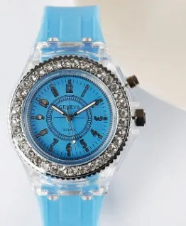 Women's LED luminous quartz watch with round 43mm alloy case and coloured silicone strap