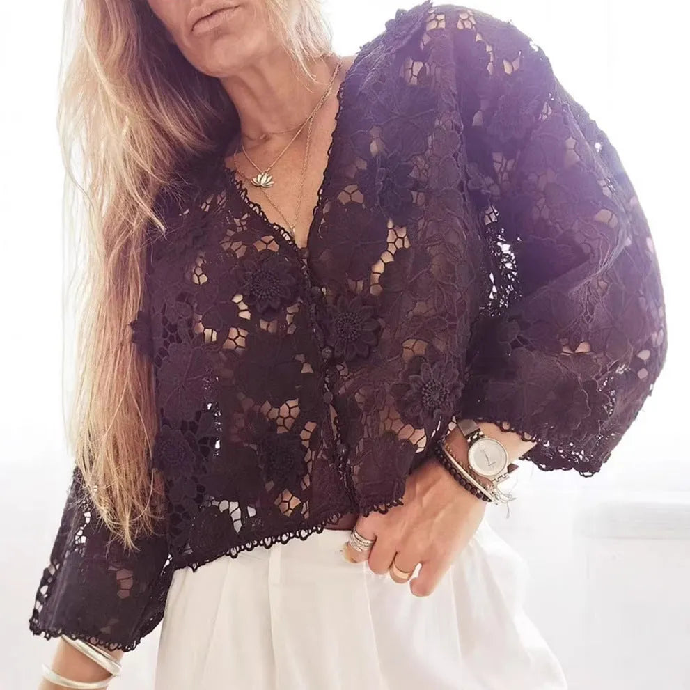 V-neck cardigan with lace flower decoration and hollow long sleeves in loose street fashion style