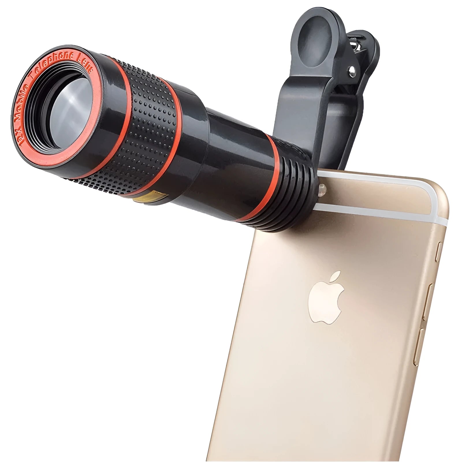 12X magnification phone telescope lens with adjustable mounting clip and cleaning cloth on a table.