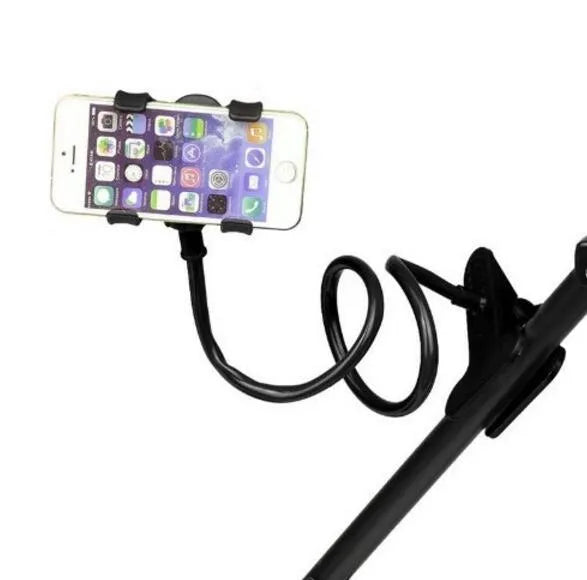 Black portable phone holder with long flexible arm and V-clip on a bedside table