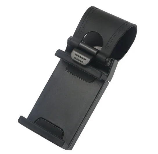 Black car steering wheel clip mount holder with phone attached showing adjustable gooseneck arm