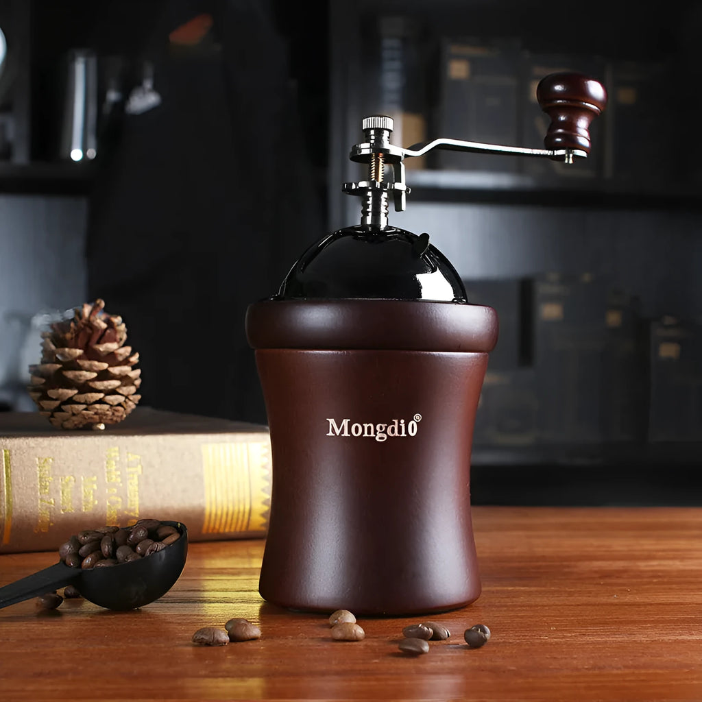 Manual coffee machine solid wood barrel hand crank grinder in coffee colour finish