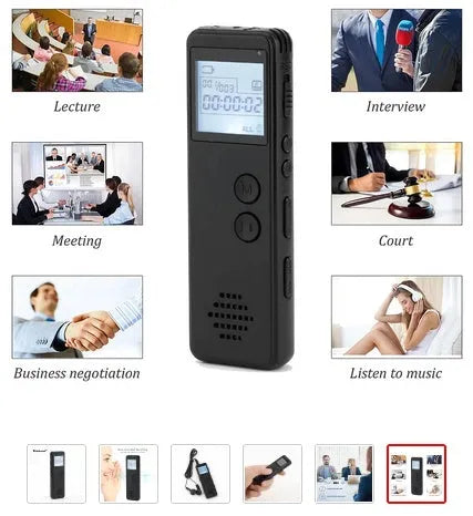 Black digital voice recorder with dot matrix screen showing recording time.