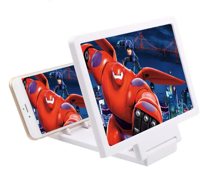Black and white mobile phone stand with 3D screen amplifier accessory for hands-free viewing
