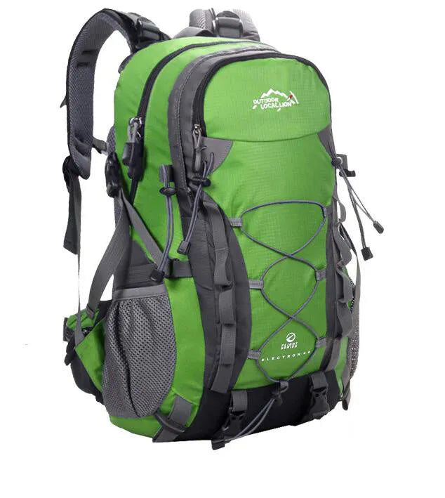 Polyester sports backpack in green showing 32cm width and 50cm height dimensions