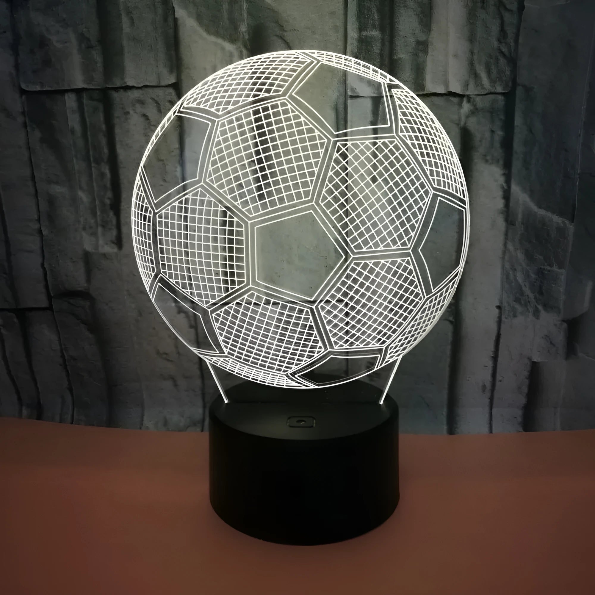 3D acrylic football night light with seven colour LED illumination on ABS base