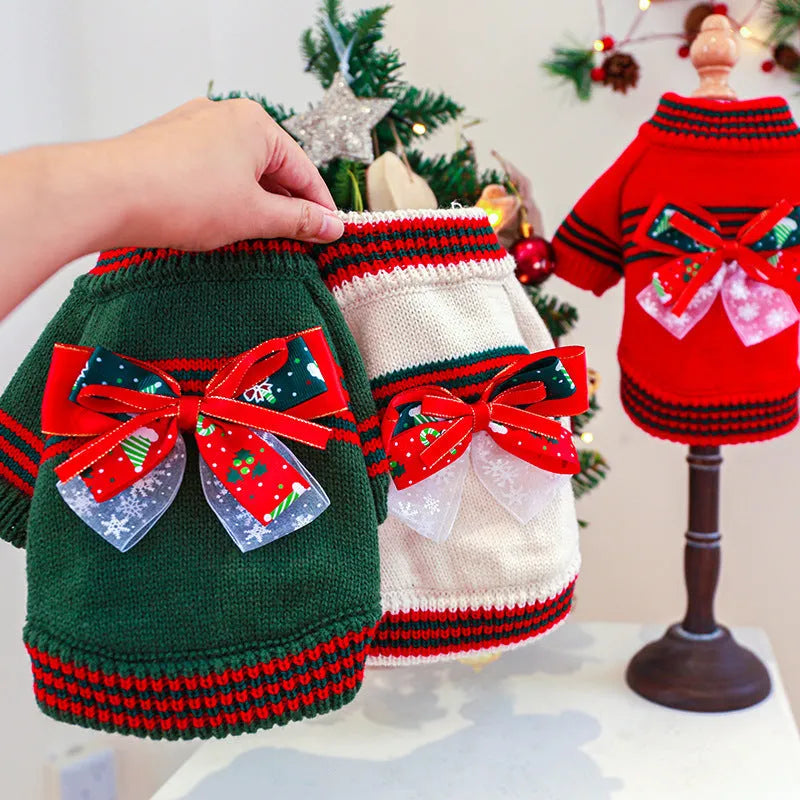 Red and green Christmas dog sweater for small pets with five size options from XS to XL