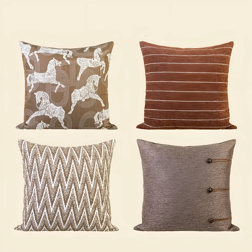 Chinese ancient style square cushion in brown geometric patterns, 45cm size with feather velvet fill.