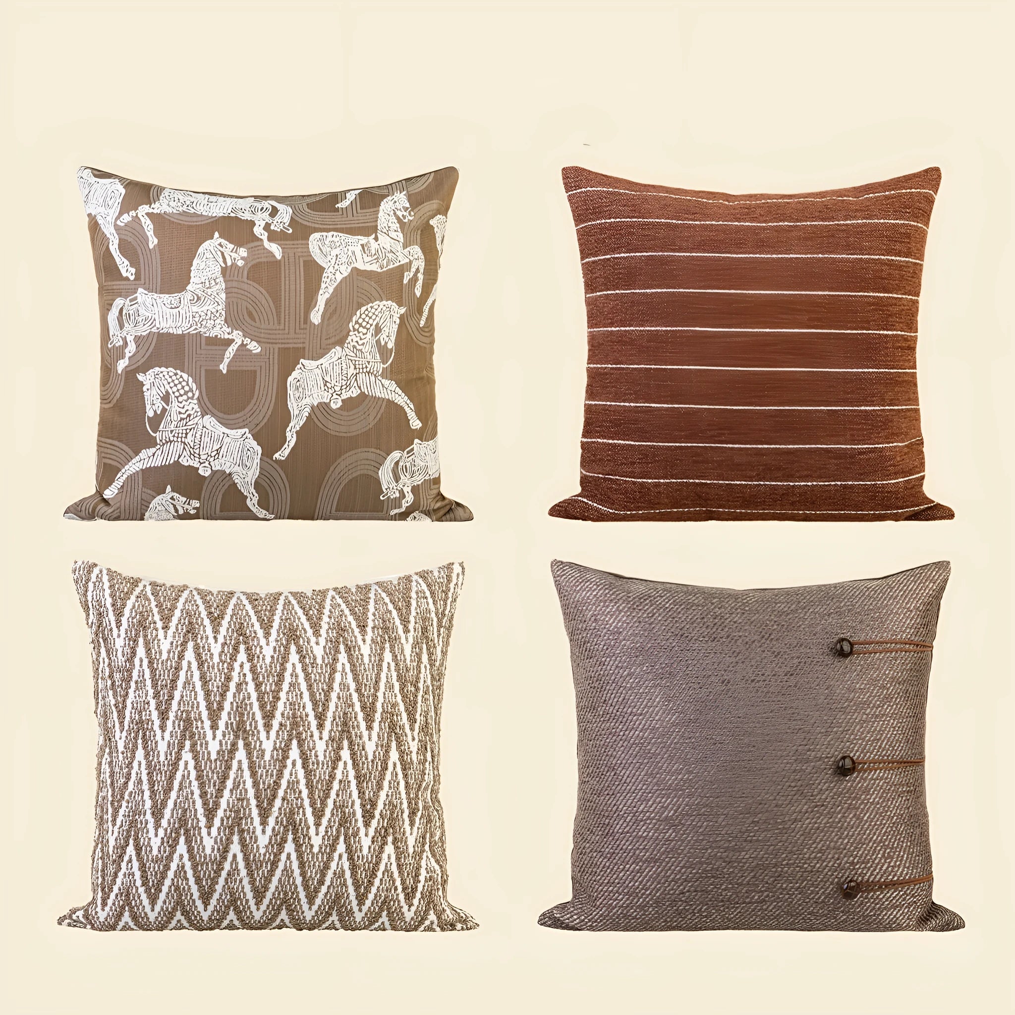 Chinese ancient style square cushion in brown geometric patterns, 45cm size with feather velvet fill.
