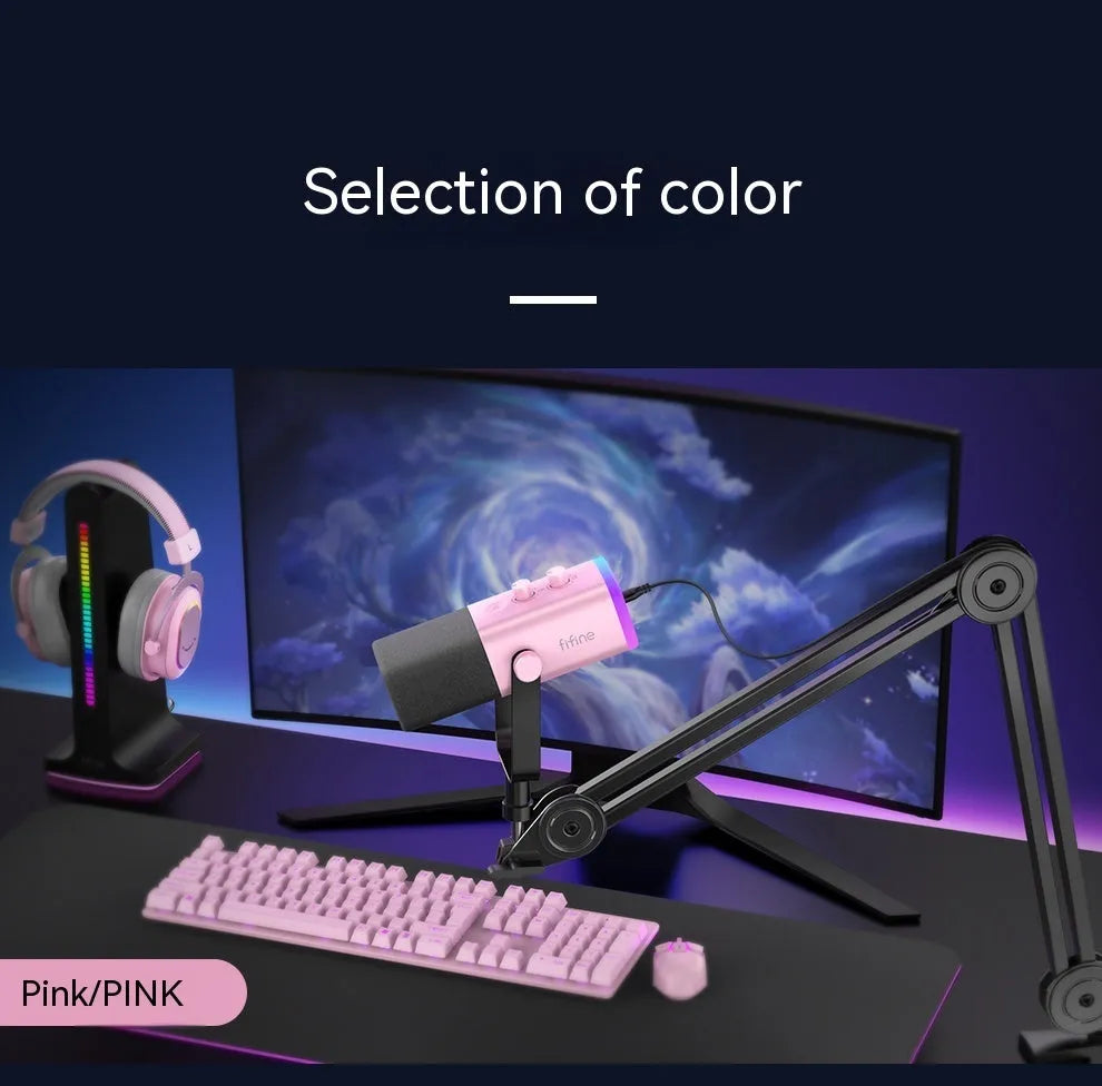 Dynamic noise reduction microphone in black, pink, or white with XLR cable and desktop base.