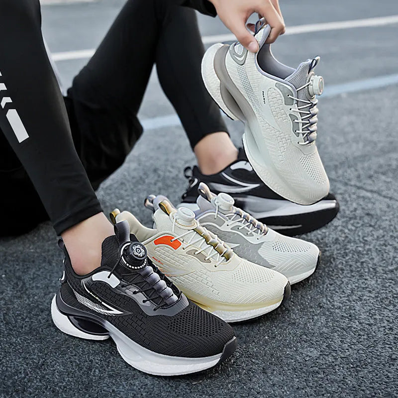 Men's white rotating button running shoes with breathable mesh upper and buckle fastening