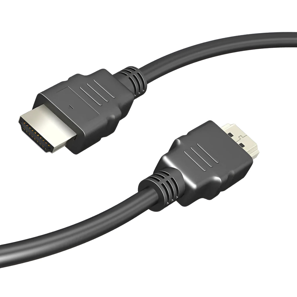 Black HDMI data cable with nickel-plated connectors on a white background