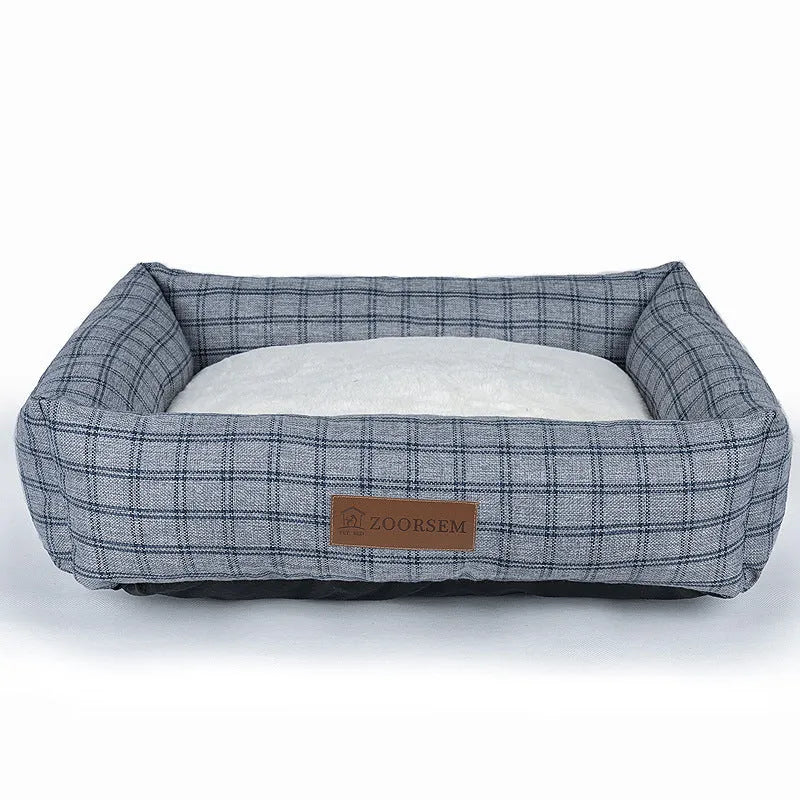 Grey linen square dog bed for small to extra large dogs, also available in brown and plaid colours.