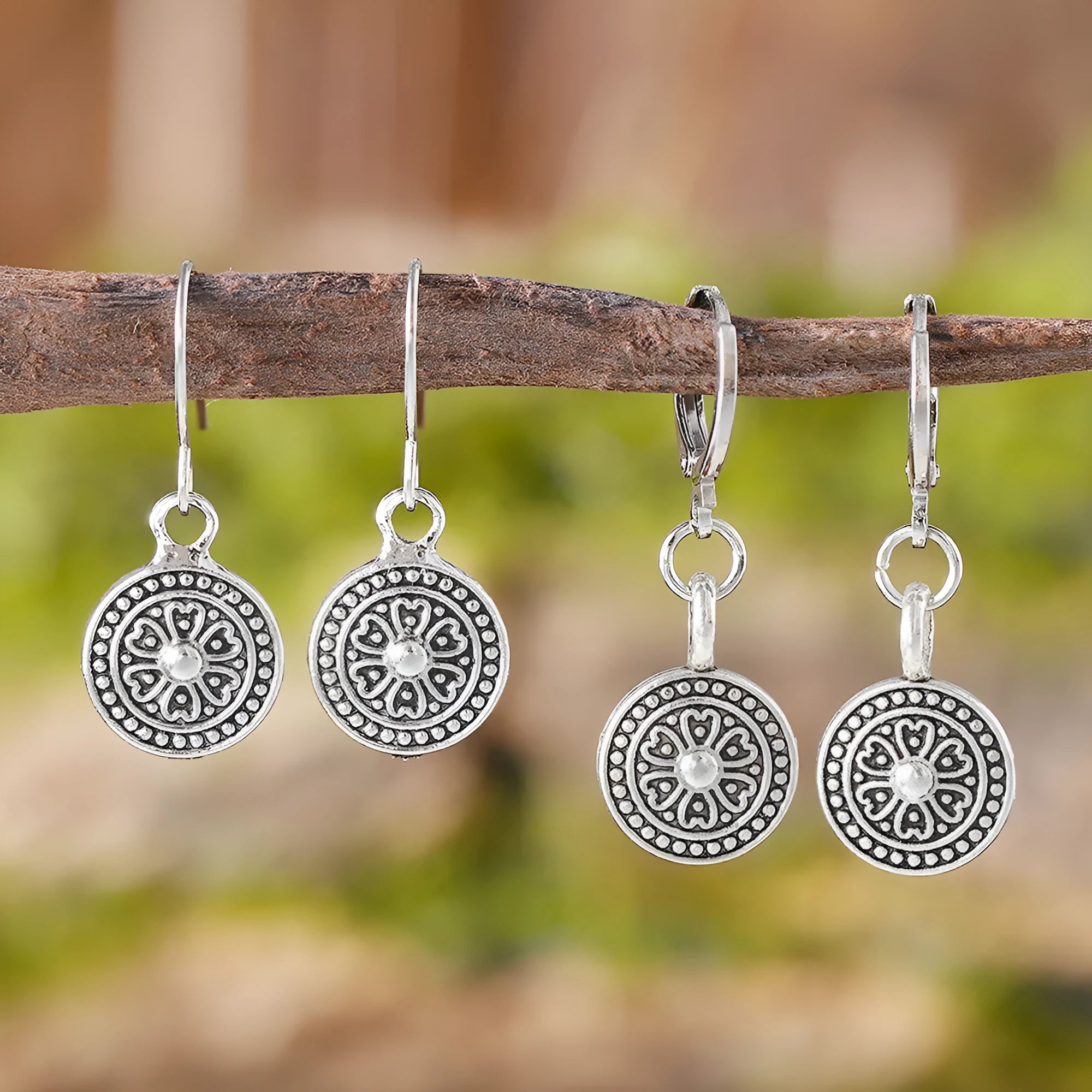Bohemian retro geometric earrings with distressed ethnic design and electroplated finish in zinc alloy