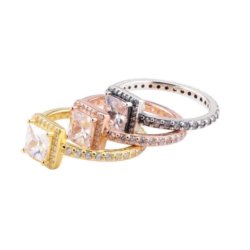White copper ring with square cubic zirconia moon geometric design in silver