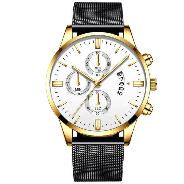 Men's stainless steel quartz watch with mesh band in a two-tone colour option.