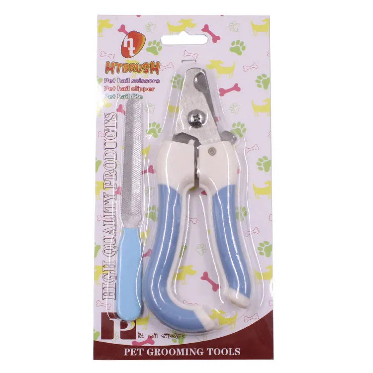 Blue or pink pet nail clippers with stainless steel blades and rubber handle
