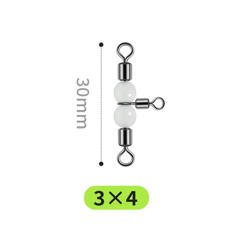 Copper fishing lure accessories showing luminous swivel beads with T-type balance fork rings in multiple sizes