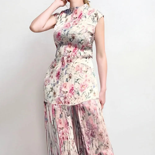 Long sleeve printed chiffon dress with high waist design in picture colour