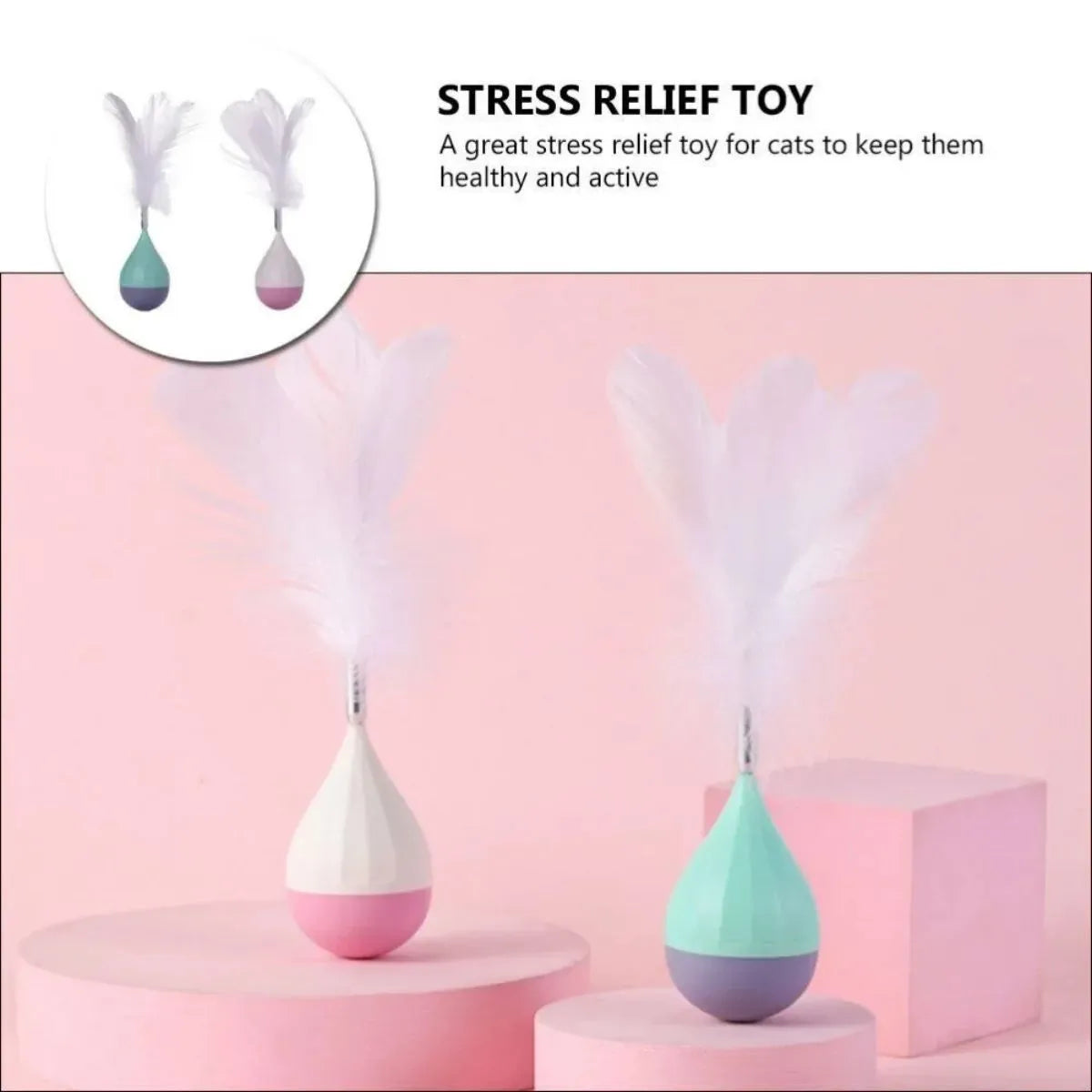 Feather tumbler cat toy with goose feather attachments on aluminium alloy rod and ABS plastic base