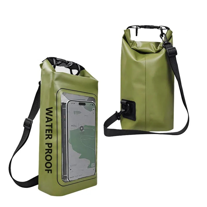 Black waterproof crossbody PVC bag for mobile phones, shown in 2L and 5L sizes.
