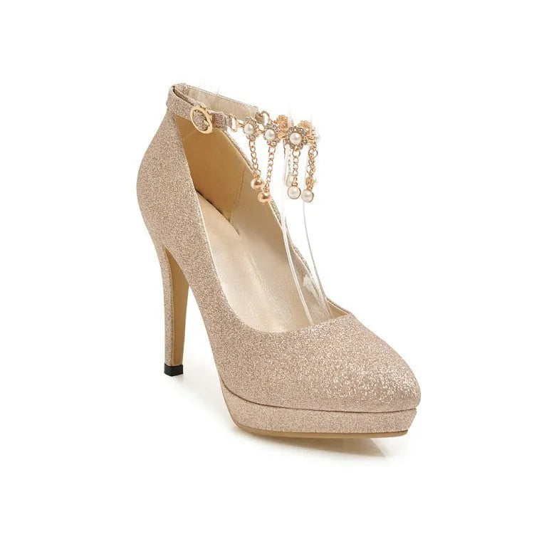 Women's blue platform stiletto high heels with a pointed toe on a white background.