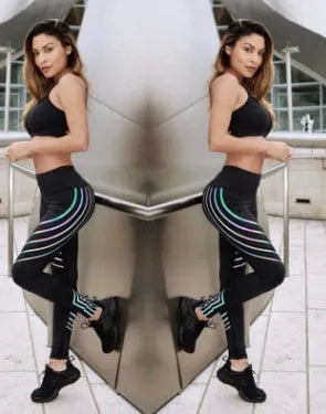 Women's black and white milk silk fitness leggings with glowing print patterns, slim fit full-length design.