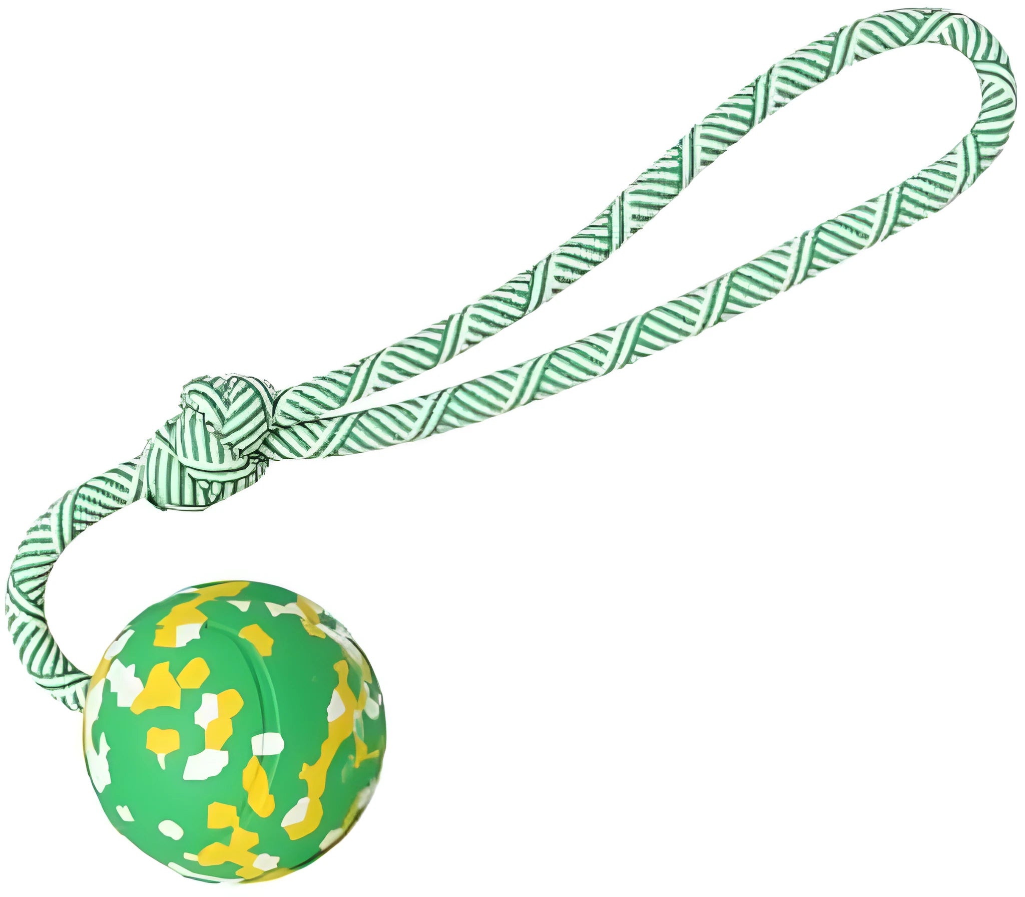 Dog rope ball toy with a solid rubber ball and attached nylon rope for fetch and tug games.