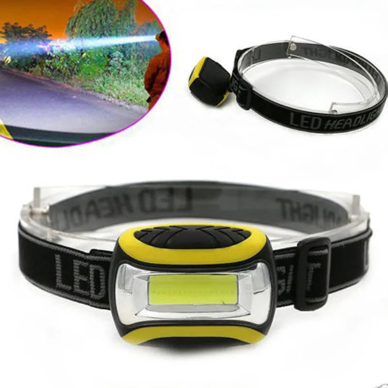 Yellow plastic three-speed LED headlamp for outdoor activities.
