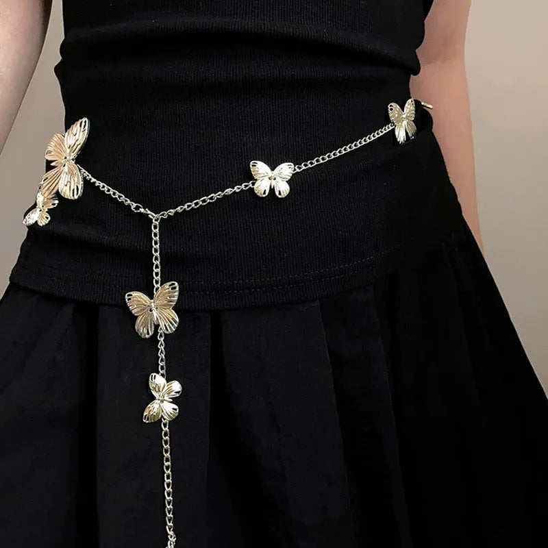 Butterfly waist chain belt with alloy construction in gold or silver colour, 104cm length