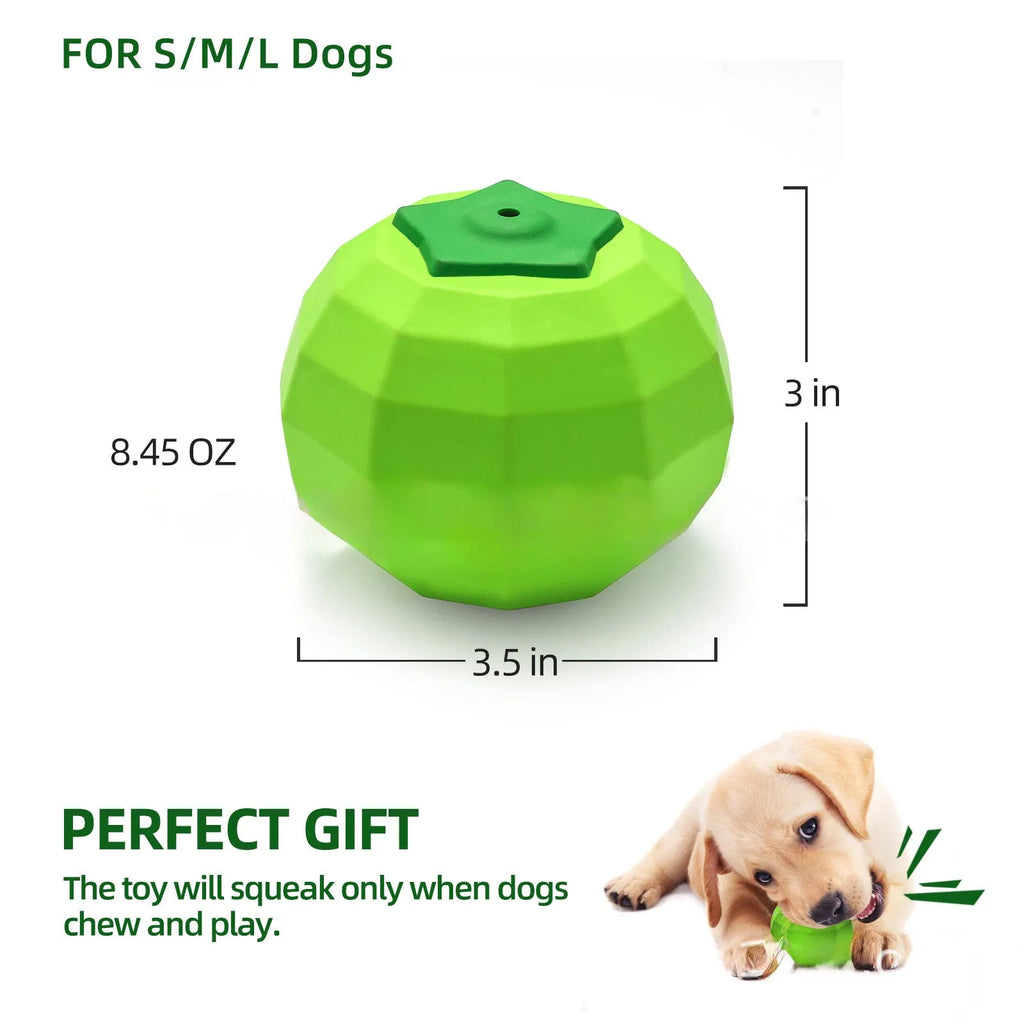 Green natural rubber squeaky dog ball toy for aggressive chewers, shown with dimensions 90mm.
