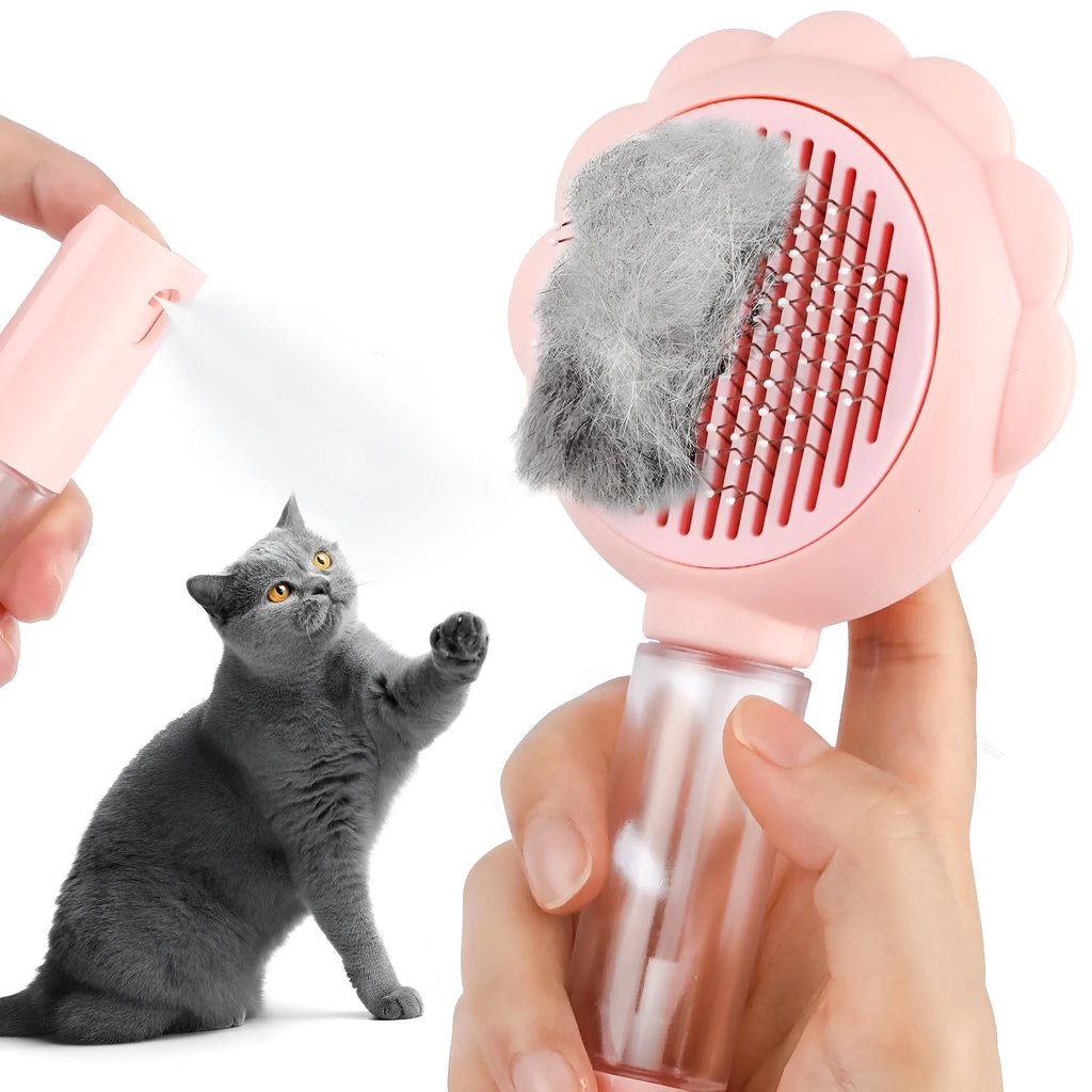 Grey spray cat grooming brush with self-cleaning button and water spray function.