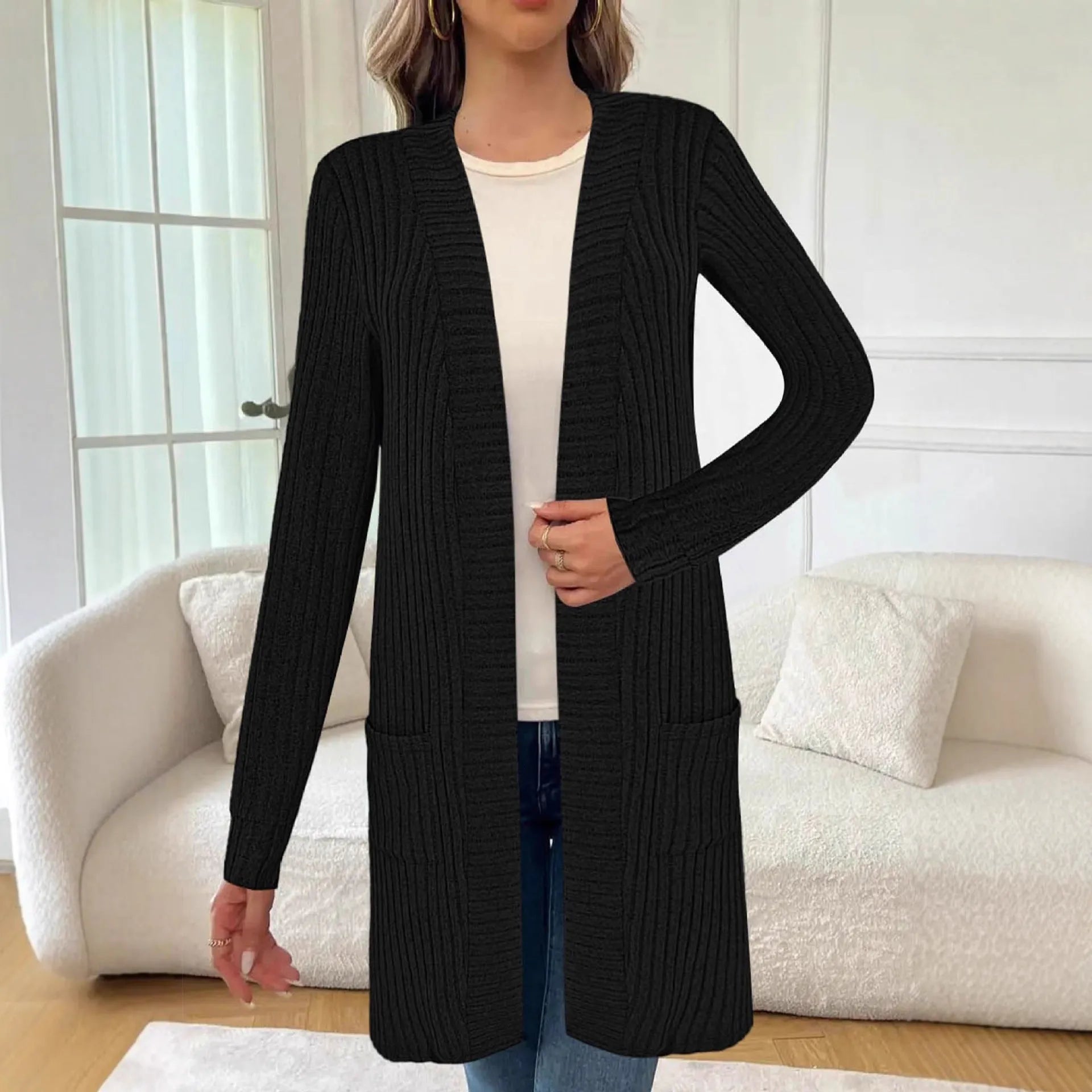 Long sleeve loose fit knitted cardigan jacket in black, wine red, or grey with pockets