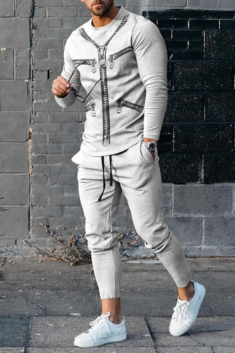 Men's round neck striped sweatshirt suit set with long sleeves and trousers in polyester