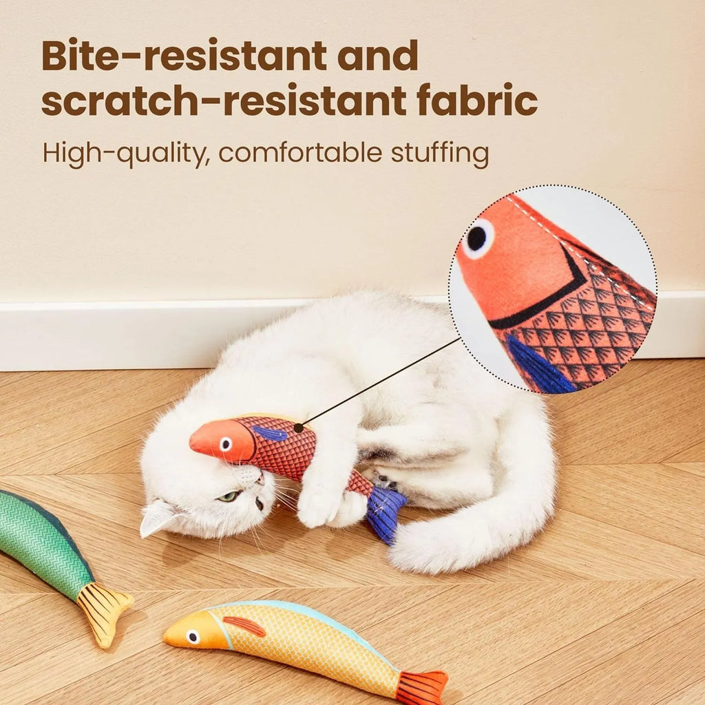 Soft green plush fish-shaped cat toy filled with organic catnip for interactive play.