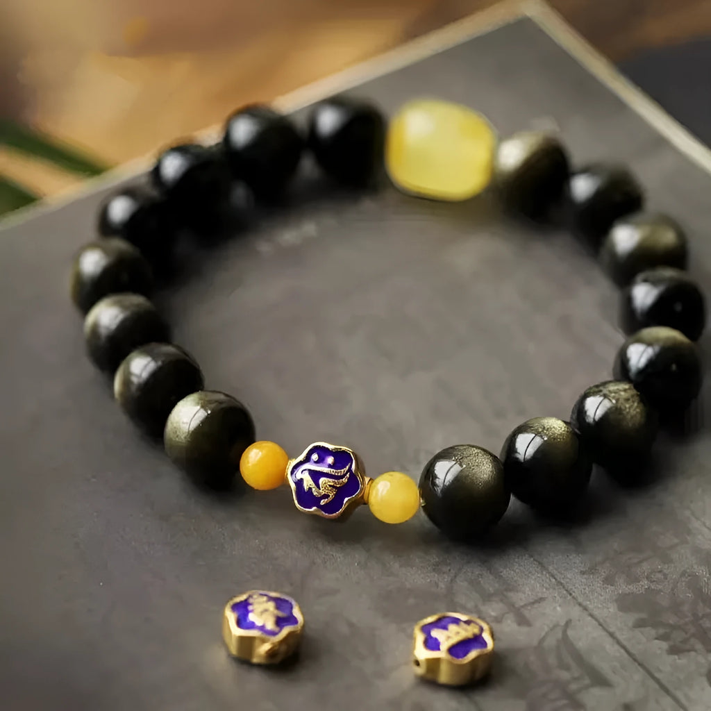 Natural golden obsidian ethnic style bracelet with 10mm geometric beads